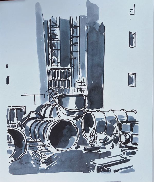 Anonyme Gemeinsamkeit gemaltes Bild von umgekippten Fässern in einer Straße im Industriegebiet