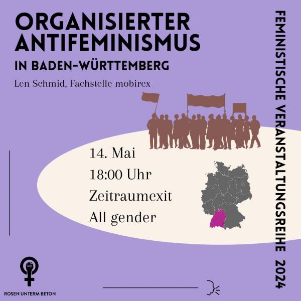 Vor einem violetten Hintergrund steht die Überschrift "Organisierter Antisemitismus in Baden-Württemberg" darunter eine Grafik von Menschen in hellbraun und eine Grafik von Deutschland, in der Baden-Württemberg rot hinterlegt ist. Daneben stehen die Daten der Veranstaltung.